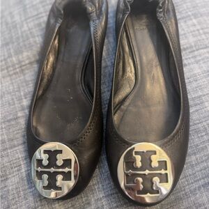 Tory Burch Black and Silver Flats with Signature Logo